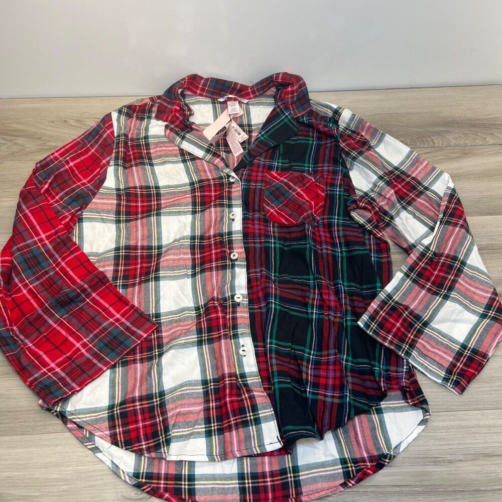 Victorias Secret Plaid Pajama Top Womens Red Green Christmas Long Sleeve Size S